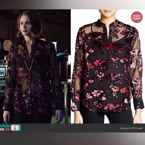 Alice + Olivia Velvet Flocked Sheer Chiffon Designer Blouse XS Black Seen on TV - Picture 6 of 13